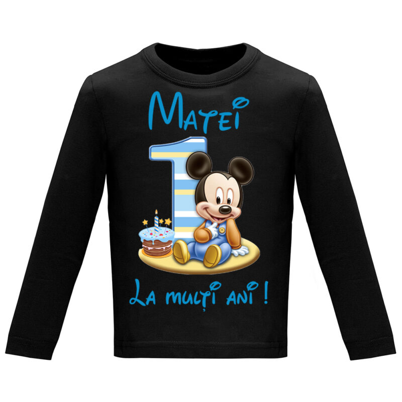Tricou mânecă lungă copii -La mulți ani ! - Mickey (1 anișor), Negru