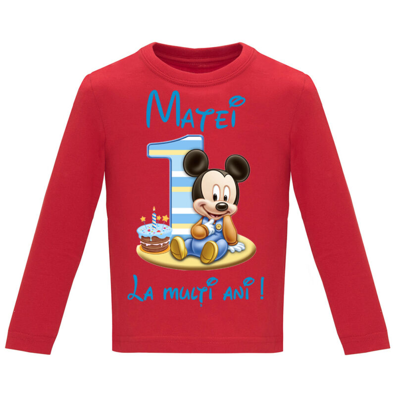 Tricou mânecă lungă copii -La mulți ani ! - Mickey (1 anișor), Roșu