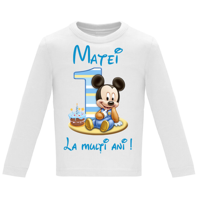 Tricou mânecă lungă copii -La mulți ani ! - Mickey (1 anișor), Alb