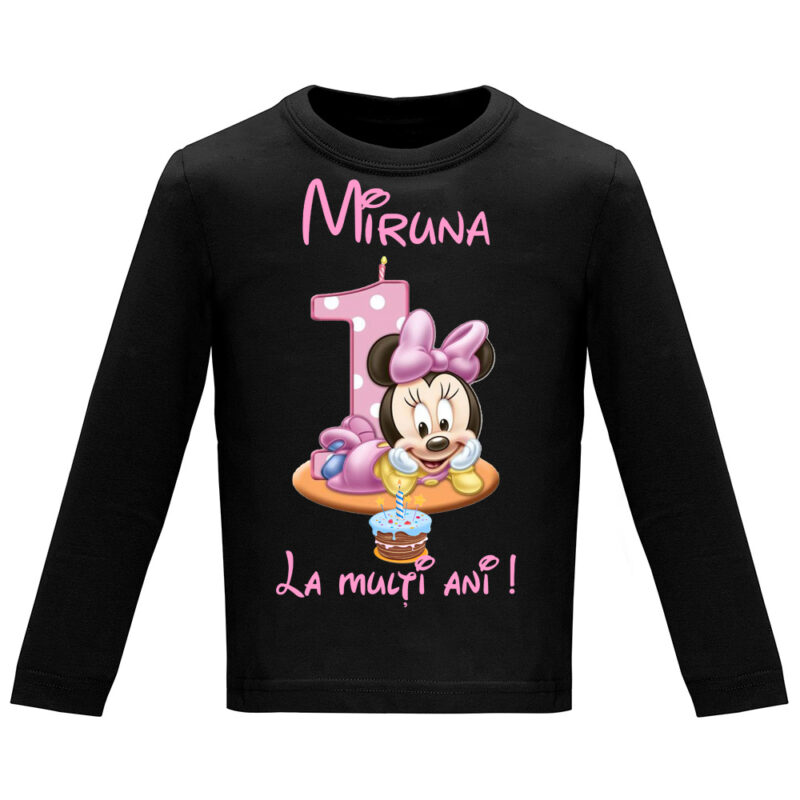 Tricou mânecă lungă copii -La mulți ani ! - Minnie (1 anișor), Negru