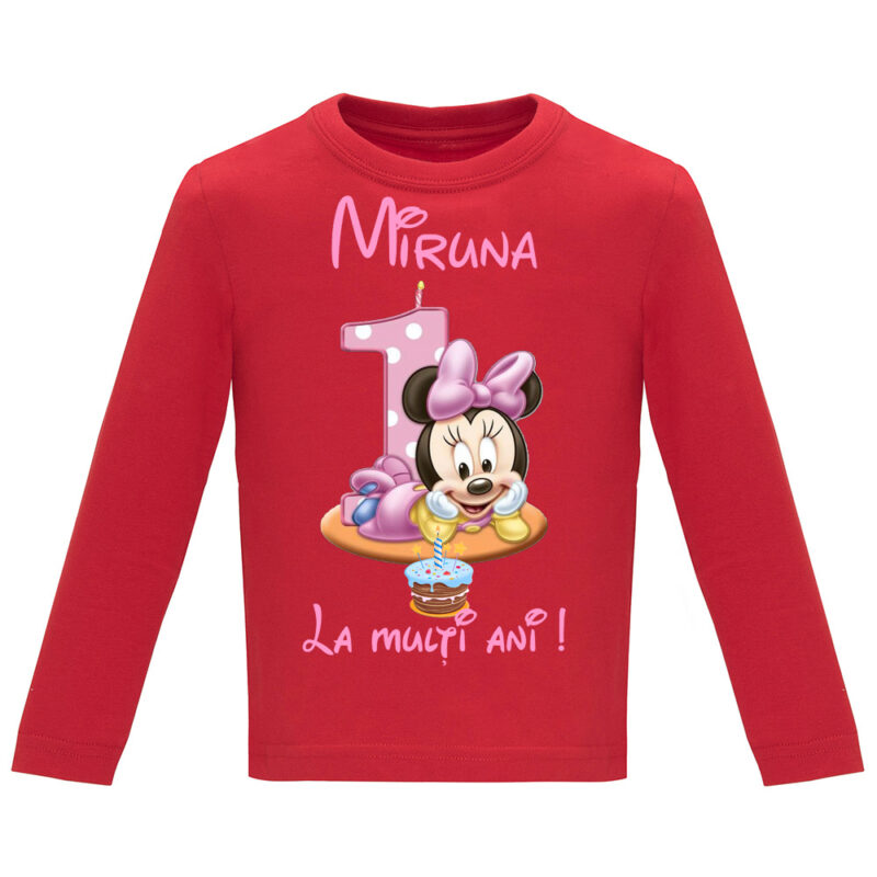 Tricou mânecă lungă copii -La mulți ani ! - Minnie (1 anișor), Roșu