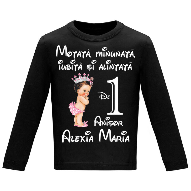Tricou mânecă lungă copii -La mulți ani ! - Moțată și alintată (1 anișor), Negru
