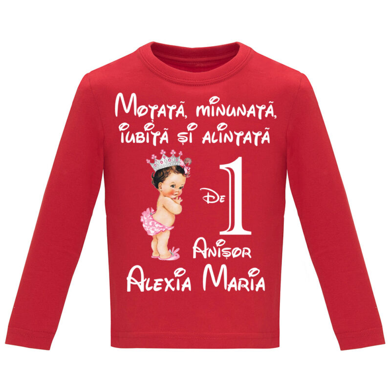Tricou mânecă lungă copii -La mulți ani ! - Moțată și alintată (1 anișor), Roșu