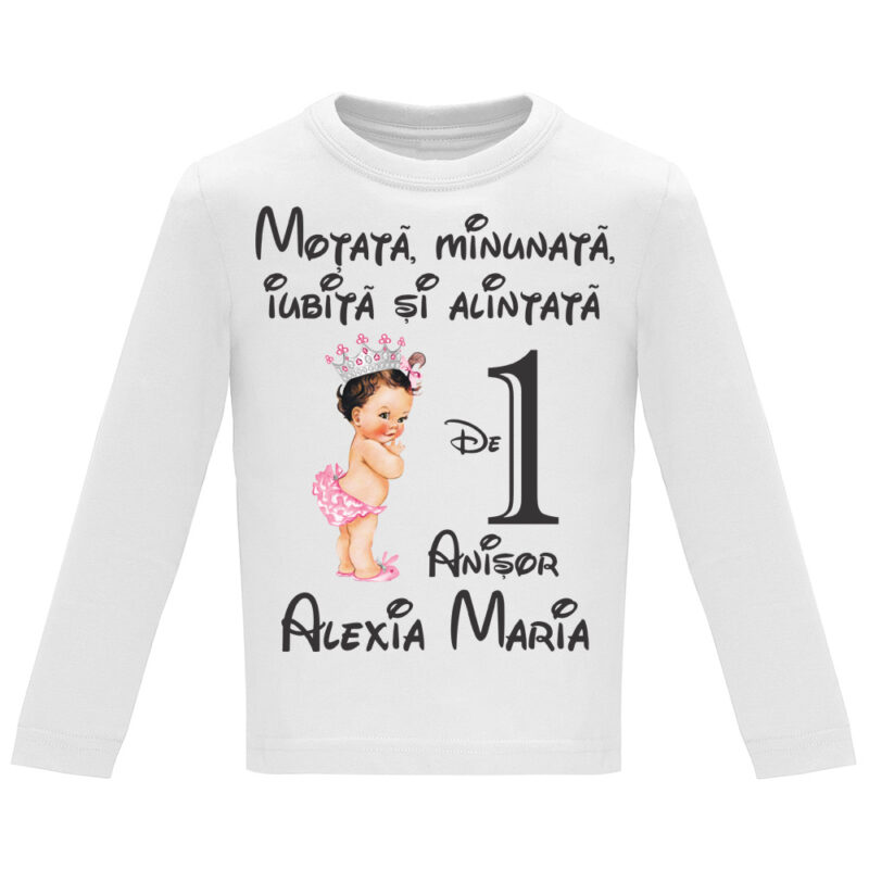 Tricou mânecă lungă copii -La mulți ani ! - Moțată și alintată (1 anișor), Alb