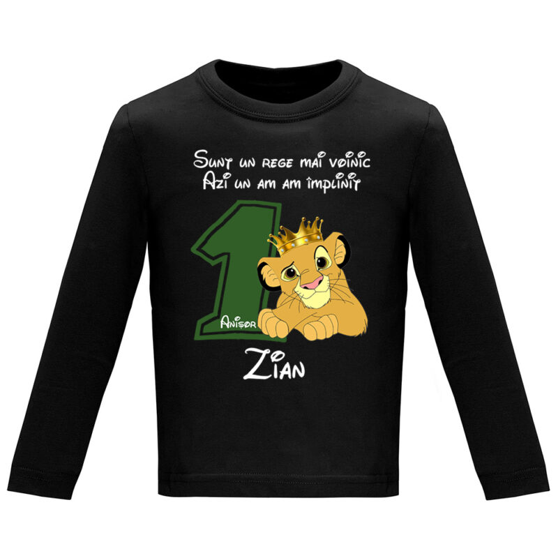 Tricou mânecă lungă copii -La mulți ani ! - Rege voinic Simba (1 anișor), Negru