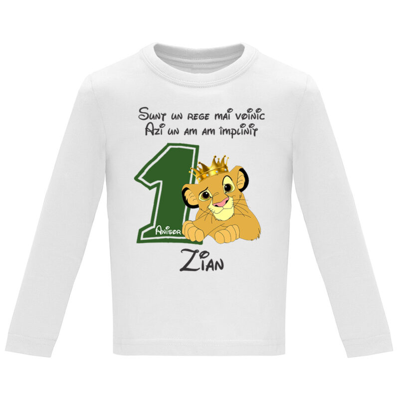 Tricou mânecă lungă copii -La mulți ani ! - Rege voinic Simba (1 anișor), Alb