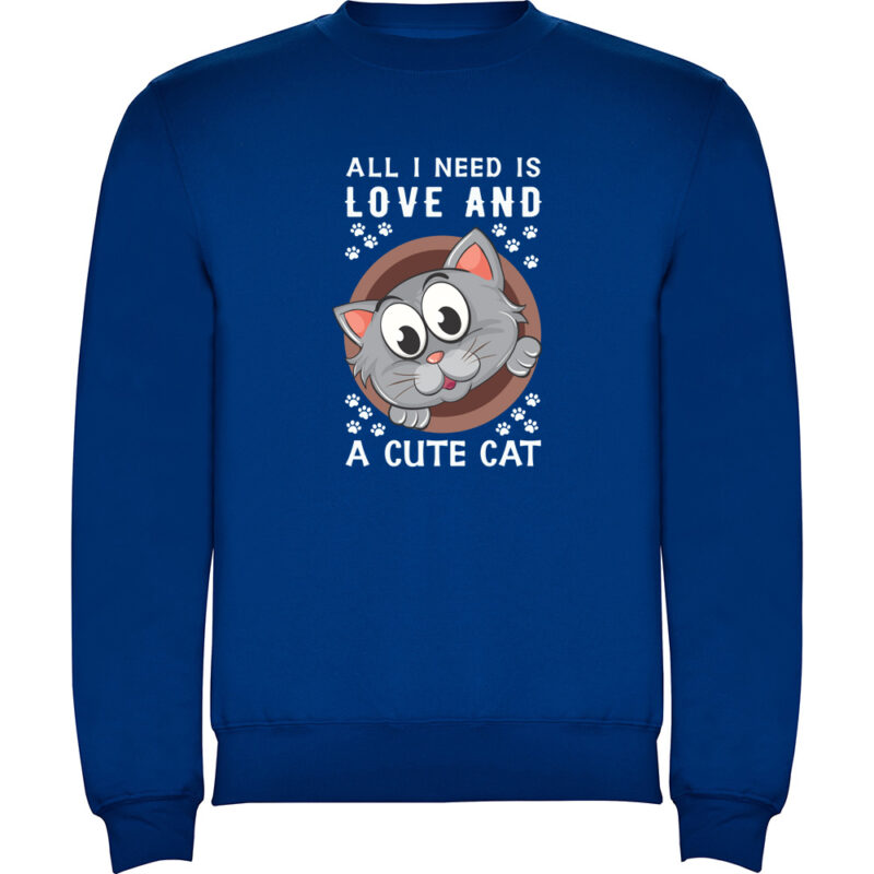 Pulover All I need is love and a cute cat, Albastru