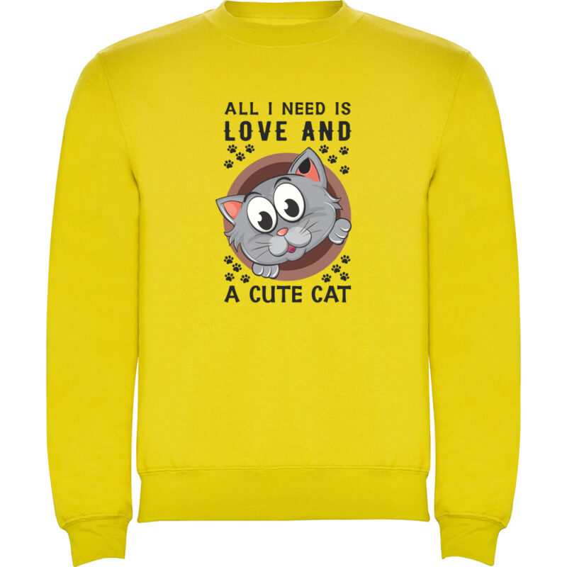 Pulover All I need is love and a cute cat, Galben