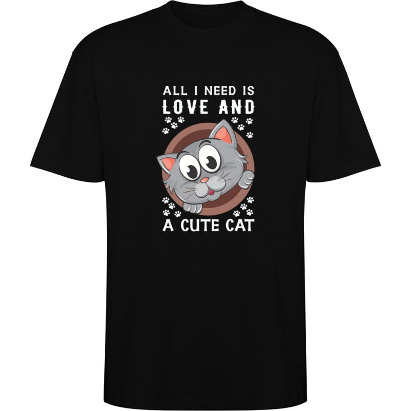 Tricou oversize All I need is love and a cute cat, Negru