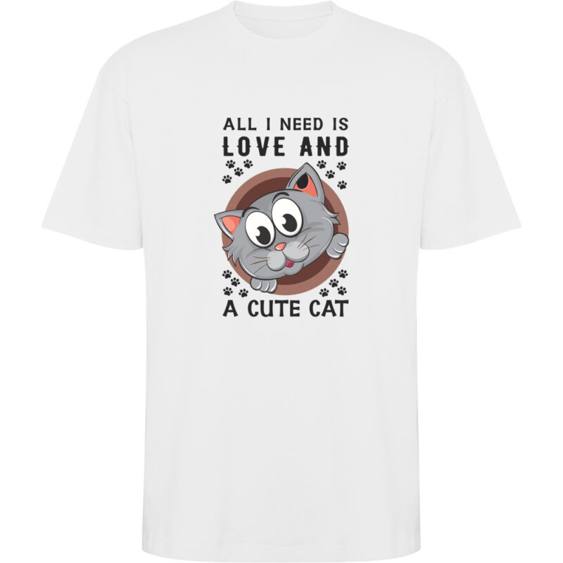 Tricou oversize All I need is love and a cute cat, Alb