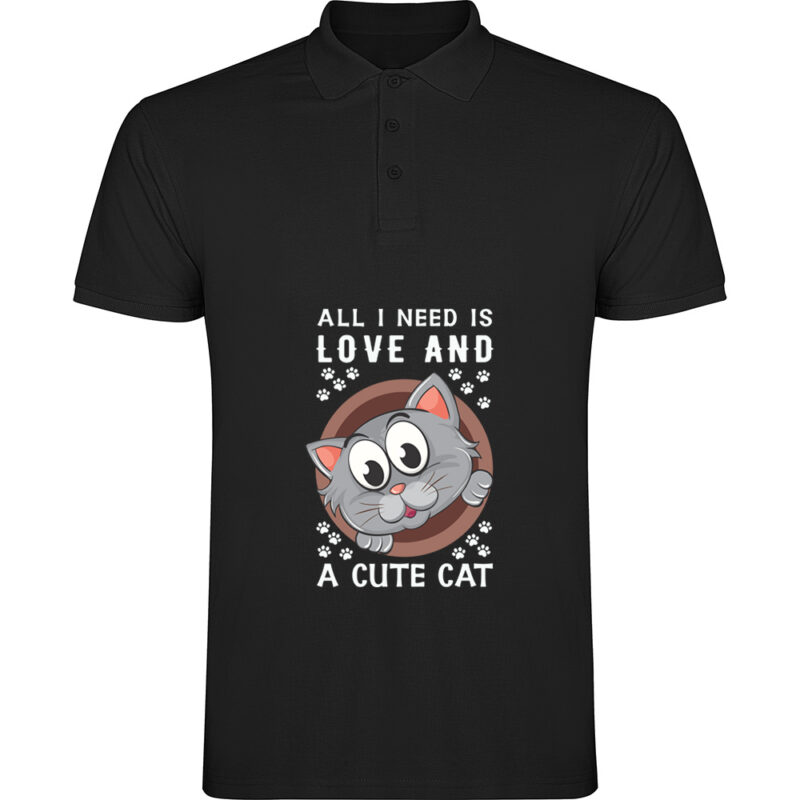 Tricou polo All I need is love and a cute cat, Negru