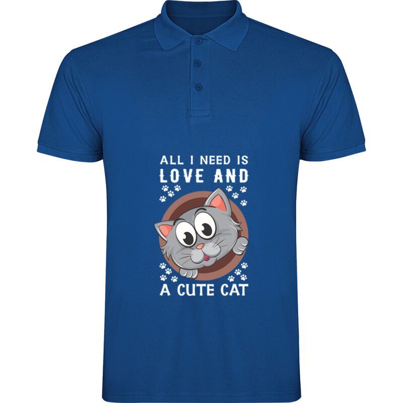 Tricou polo All I need is love and a cute cat, Albastru