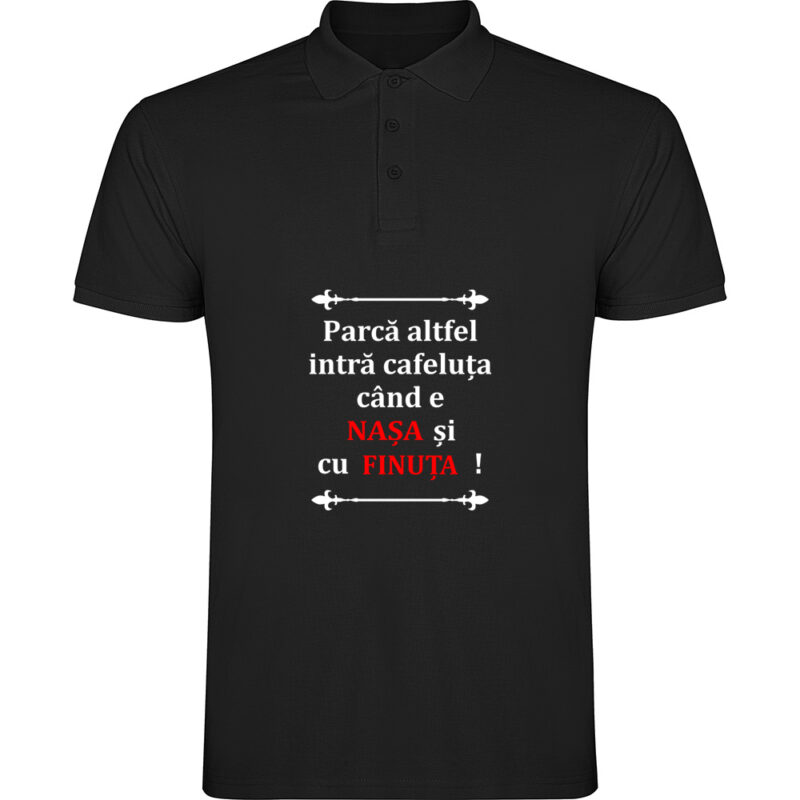 Tricou polo Cafeluta cu Nasa si Finuta, Negru