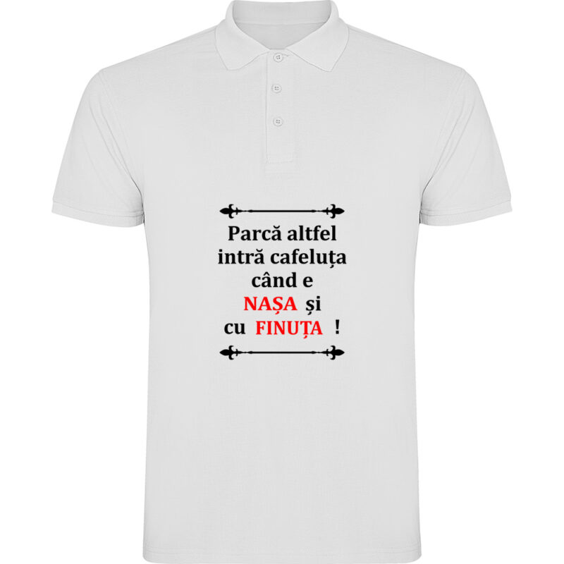 Tricou polo Cafeluta cu Nasa si Finuta, Alb